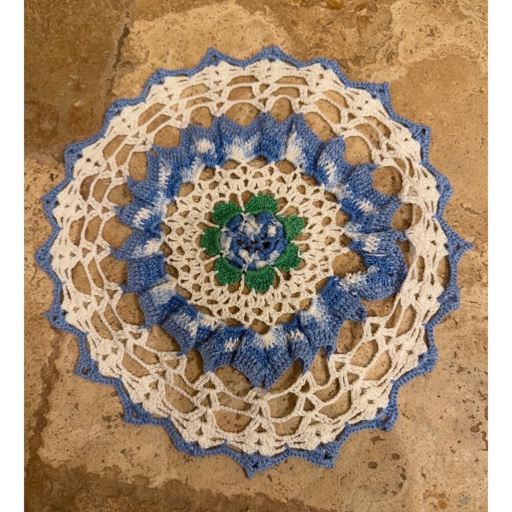 Handmade Crochet Doilies Set Of 2 With Floral Patterns In Blue/White/Green & Pur